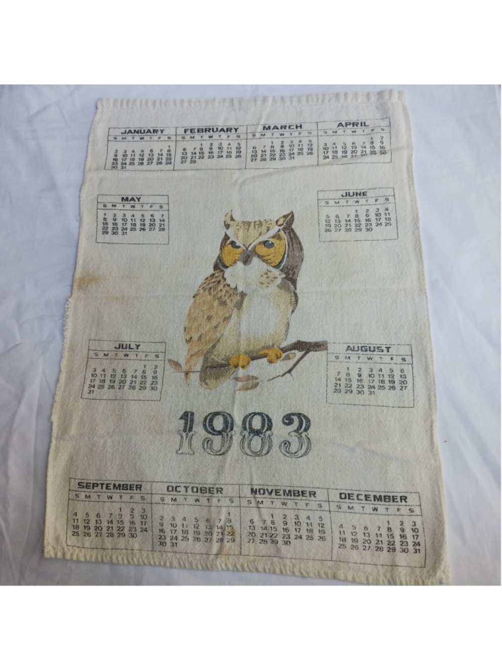 VTG 1983 Owl Calendar Tea Towel Linen Cottagecore 80s Wall Hanging